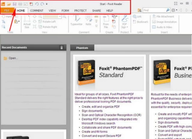 Mở Foxit Reader, chọn File > Open.