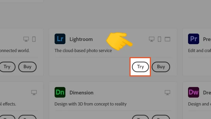 Chọn Try để dùng miễn phí Lightroom Download