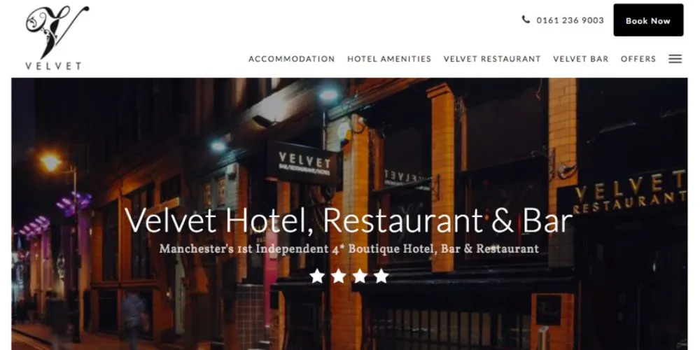 Website của khách sạn Velvet Manchester sử dụng những hình ảnh chi tiết và chân thực về dịch vụ khách sạn