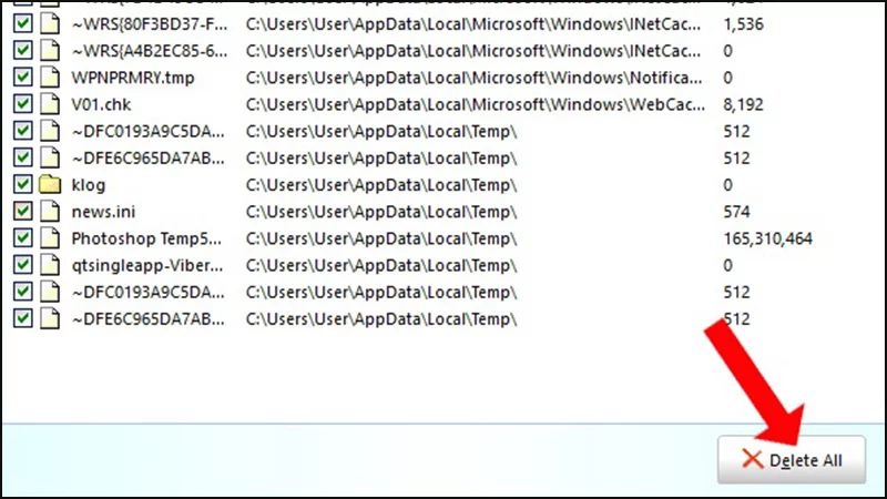 Bấm Delete All sau khi bạn đã chọn được cái file rác cần xóa